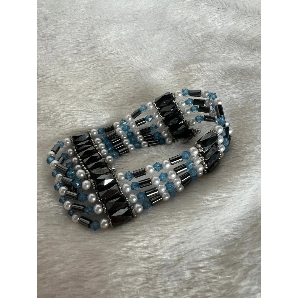 Hematite Wrap Bracelet Magnetic Beaded Multi Strand Faux Pearl Blue‎ Crystal